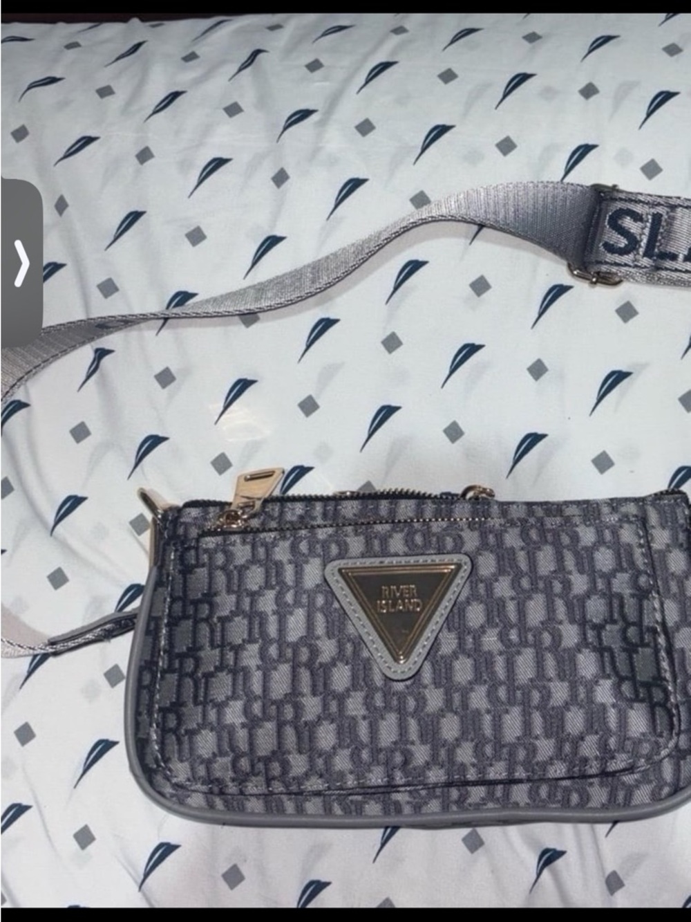 River Island Charcoal Logo Monogram Crossbody with Rose Gold Trim